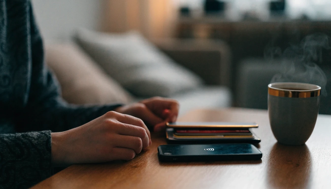 iPhone och plånbok på soffbord, kontaktlös betalning med Apple Pay i svensk hemmiljö
