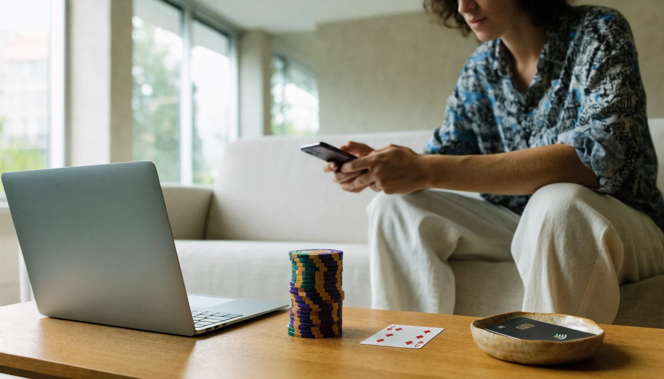 Svensk person fyller på digital plånbok hemma med casinomarker på bordet