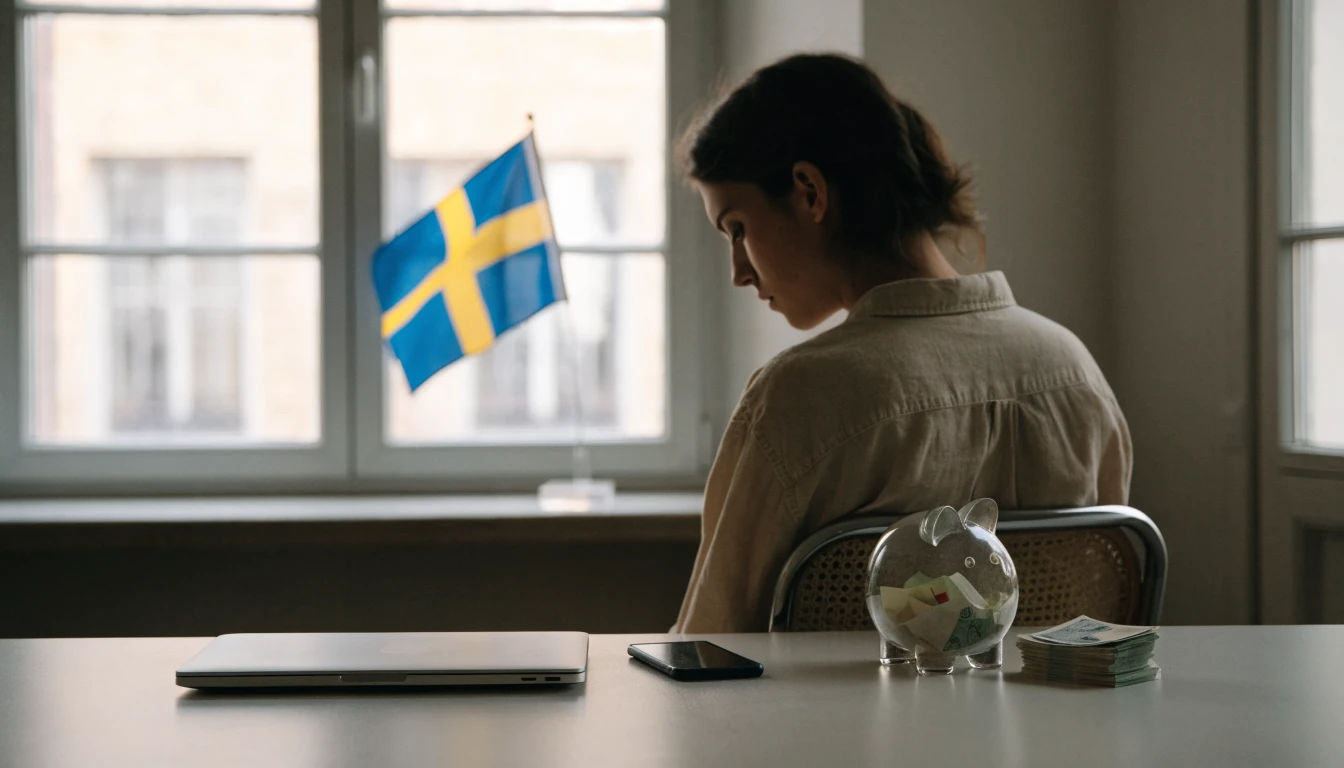 Minimalistisk svensk hemmakontorsscen med stängd laptop och sedlar