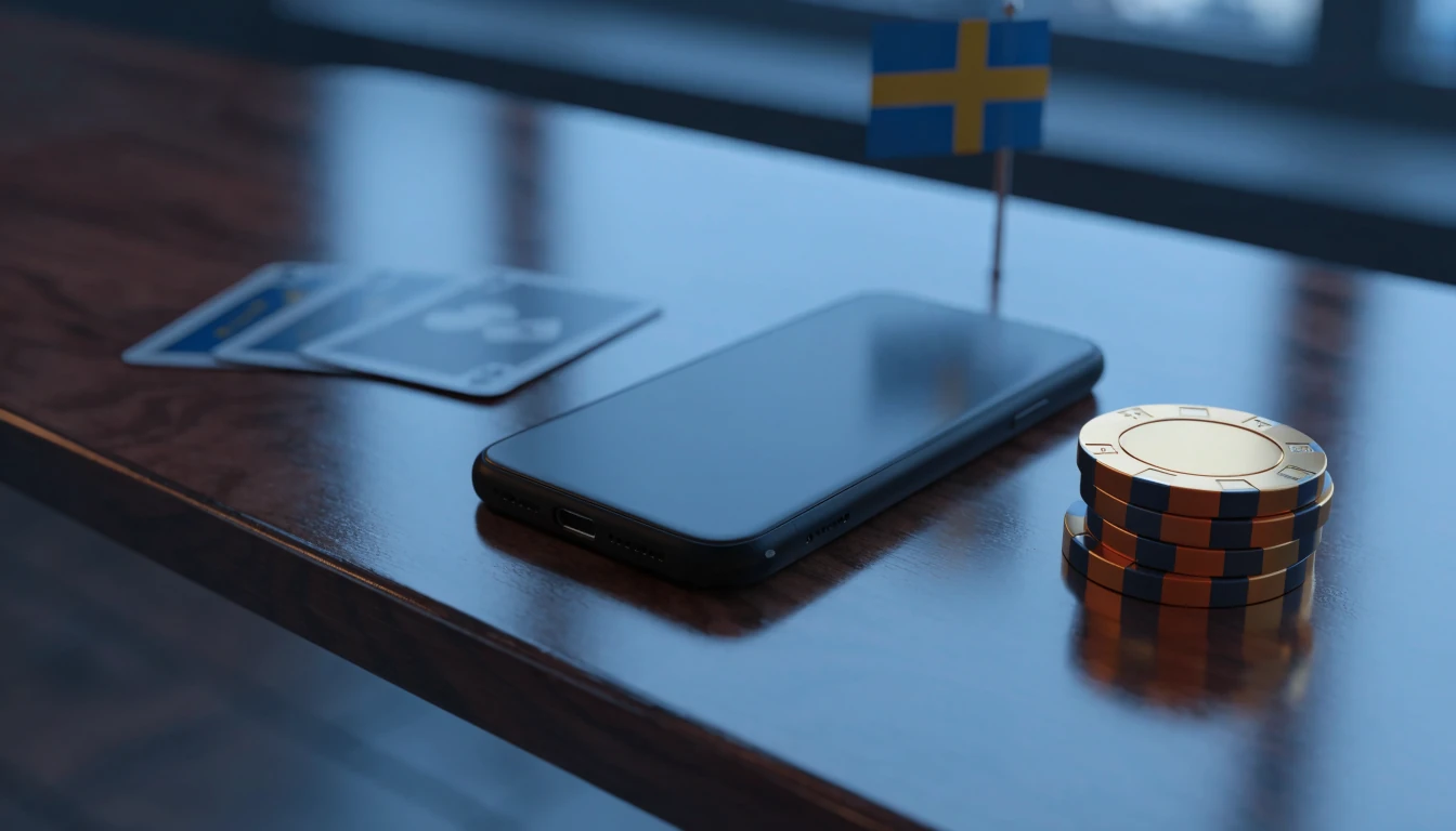 Mobiltelefon med casinotillbehör och svensk flagga på bordet
