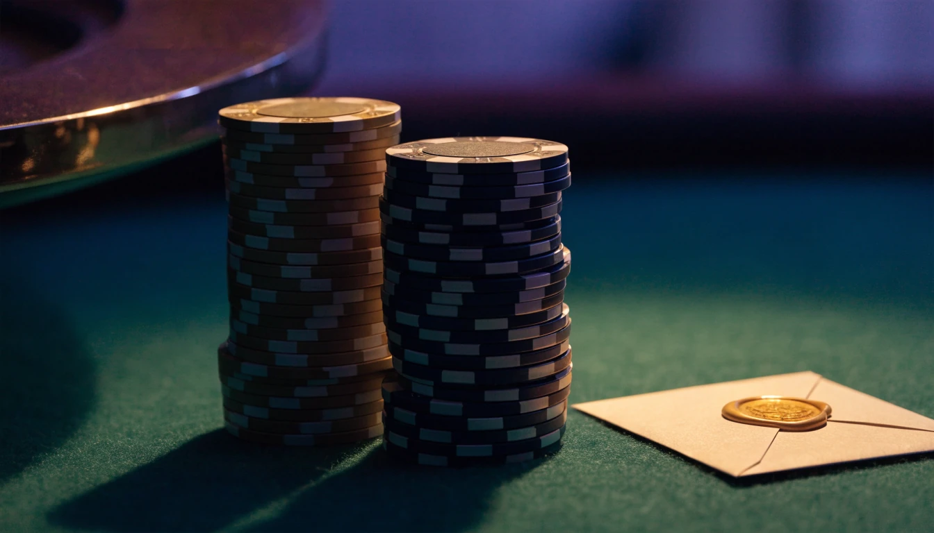 Stiliserat scandinaviskt casinobord med guldblickmarker, förseglat kuvert och roulette i bakgrunden