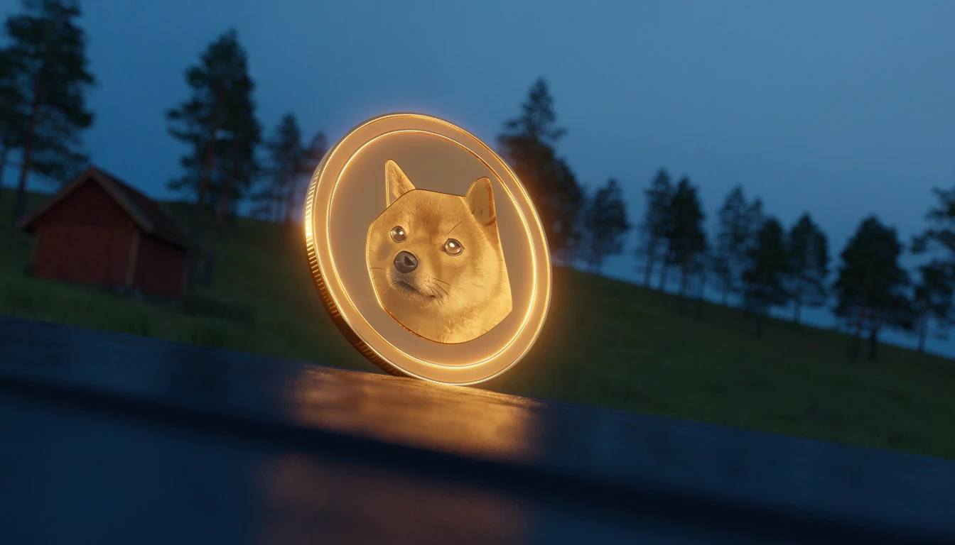 Lysande Dogecoin-mynt mot en minimalistisk svensk skog i skymningsljus.
