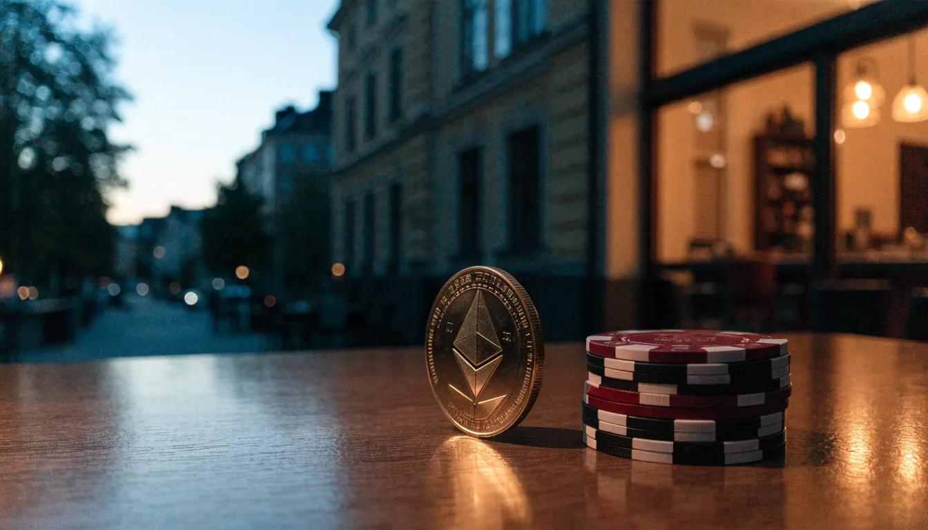 Ethereum-mynt och casinofärger på ett bord i Stockholm