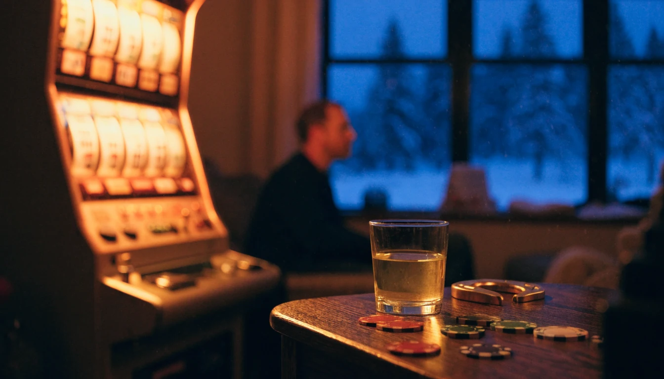 Mysigt vardagsrum med spelautomat och pokermarker i varmt sken