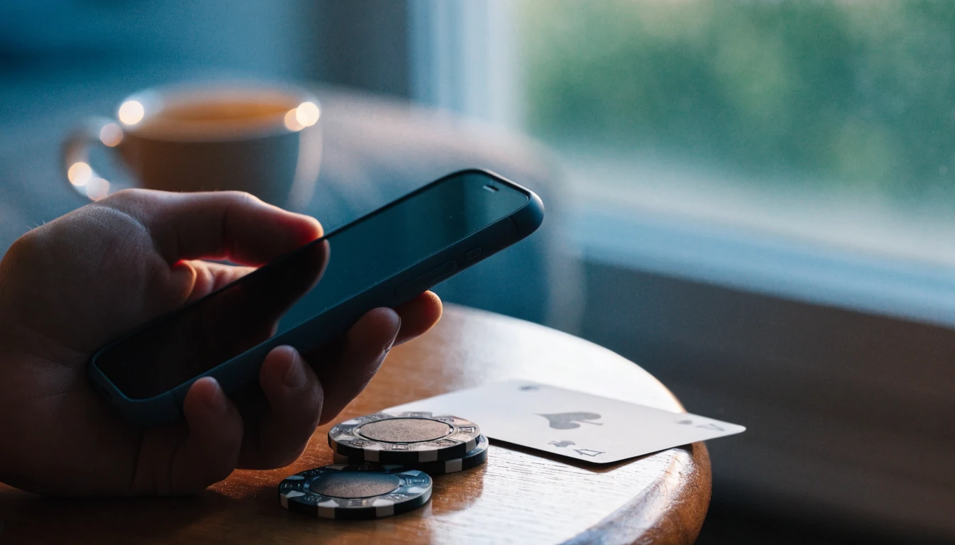 Smartphone med dold skärm och spelmarker på bordet, nordisk atmosfär