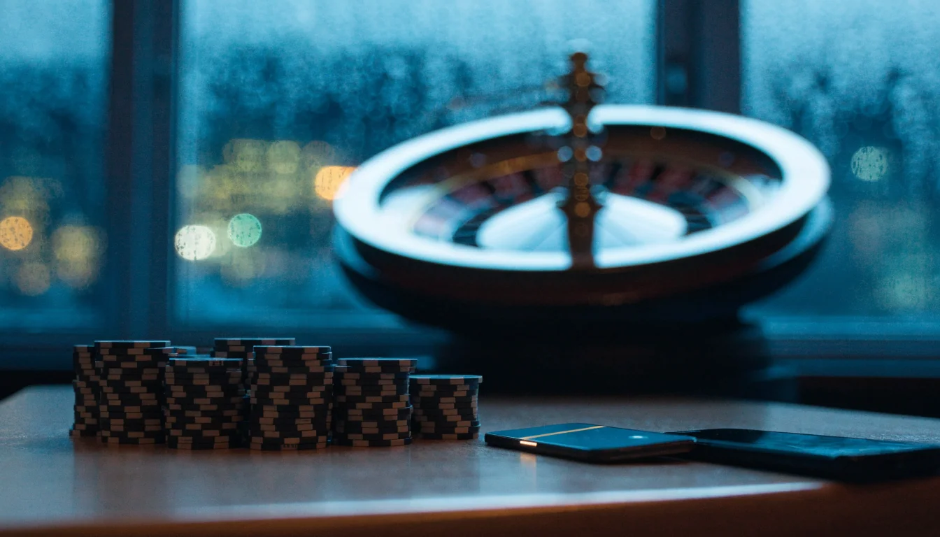Casinochips, rouletthjul och e-plånbok på ett bord i nordisk miljö