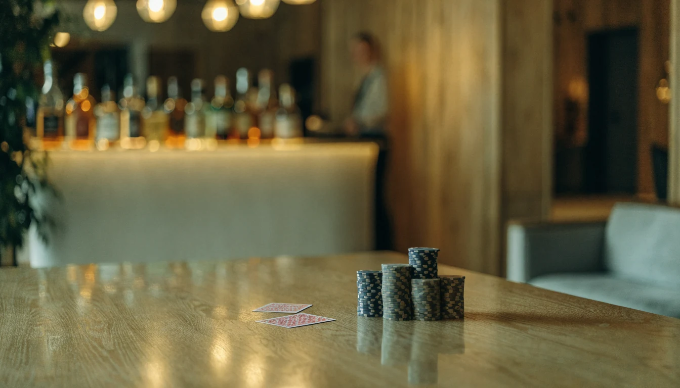 Elegant skandinavisk casinomiljö med marker och spelkort på ett träbord