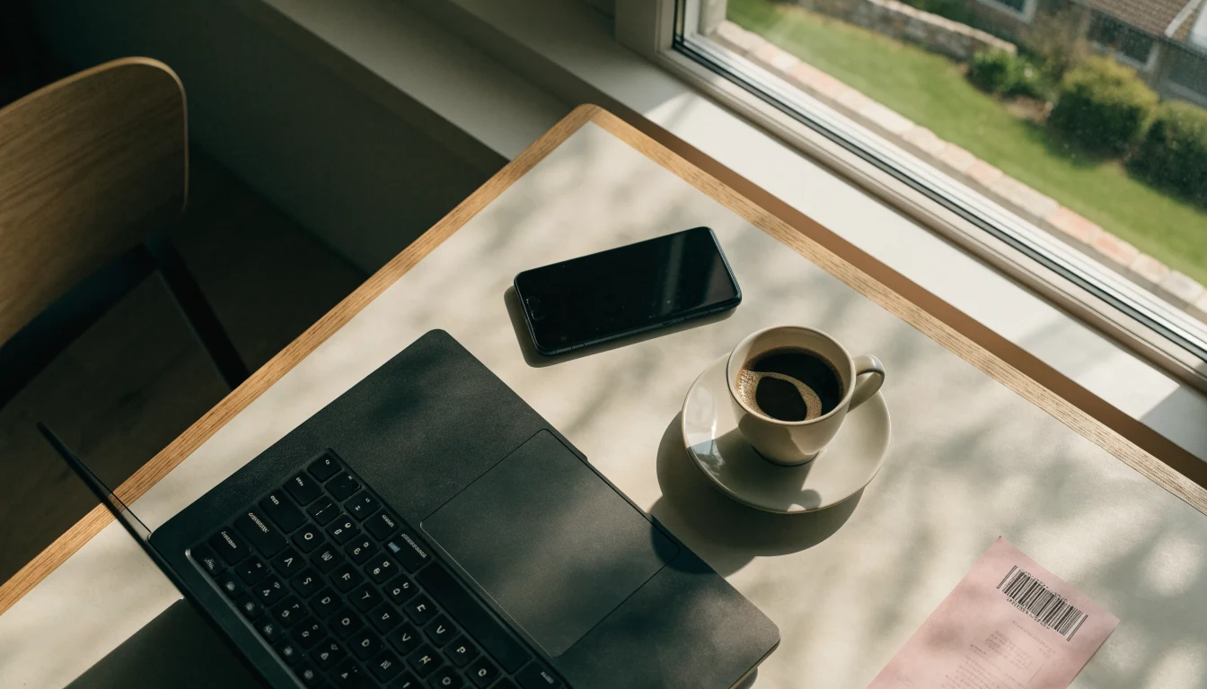 Skrivbord med stängd laptop och mobiltelefon med ett kvitto, Klarna-betalning
