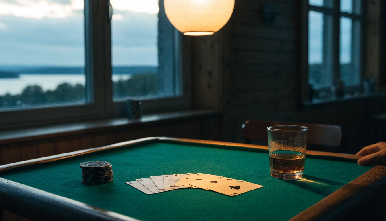 Kort och marker på ett träbord i skandinavisk casinomiljö