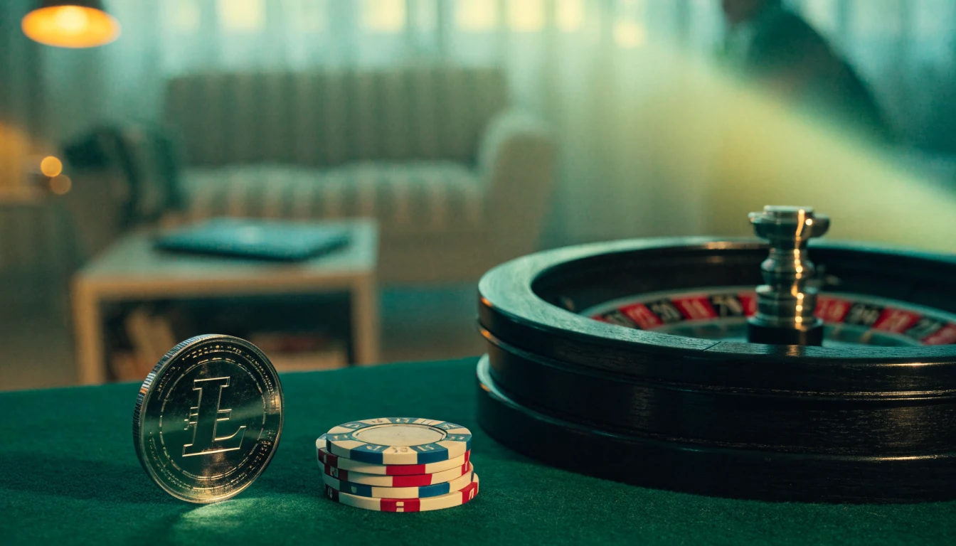 Litecoin-mynt på casinobord med roulette och marker