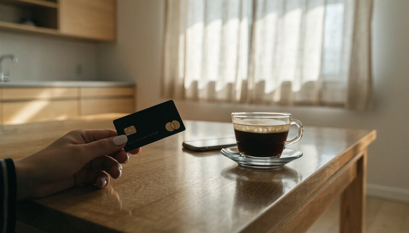 Hand som håller ett Mastercard-betalkort i ett minimalistiskt svenskt hem