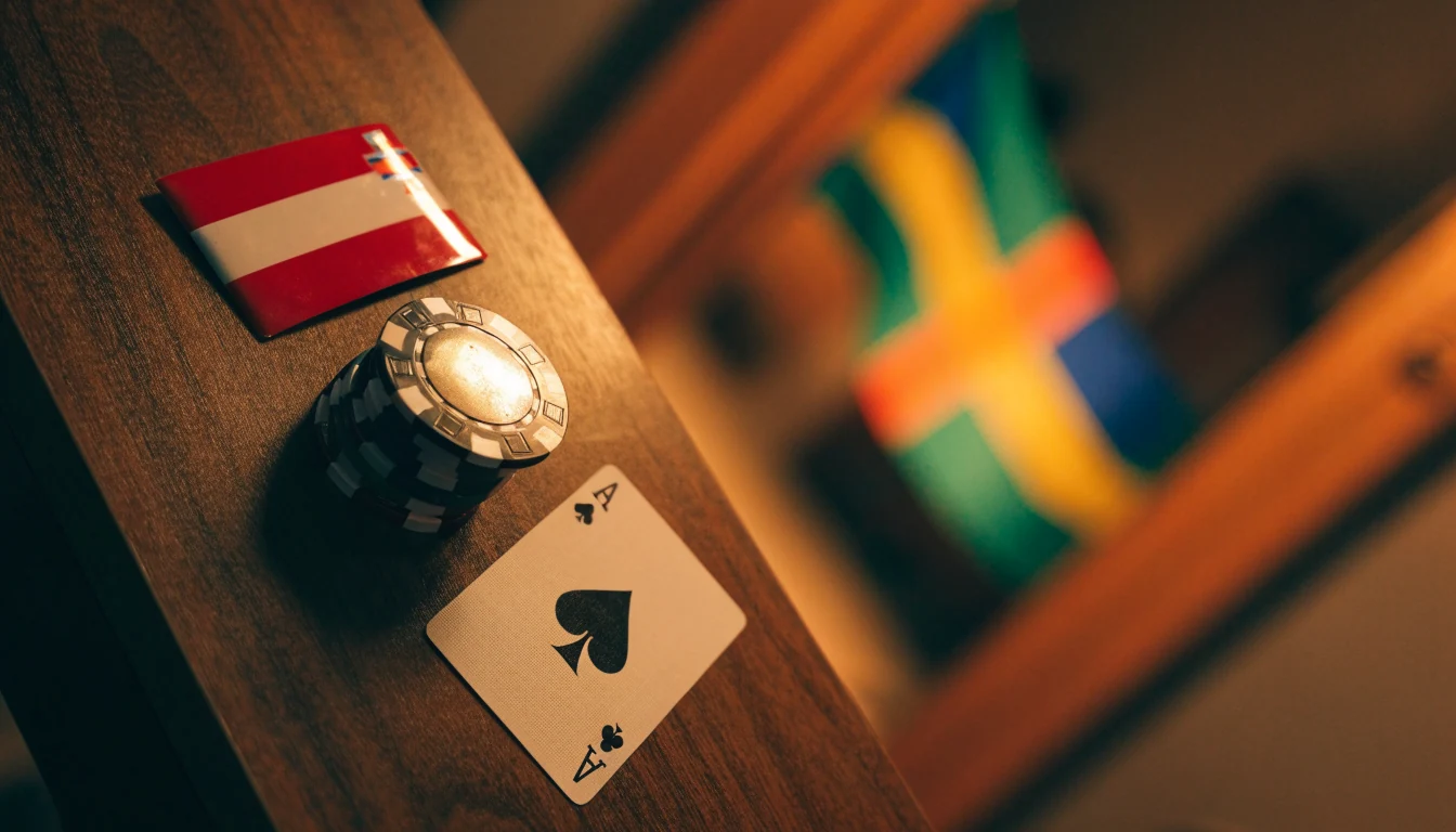 Malta-flagga bredvid casinospelmarker på skrivbord