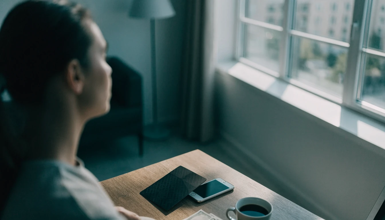 Smartphone och e-plånbok på ett skrivbord i en modern svensk lägenhet