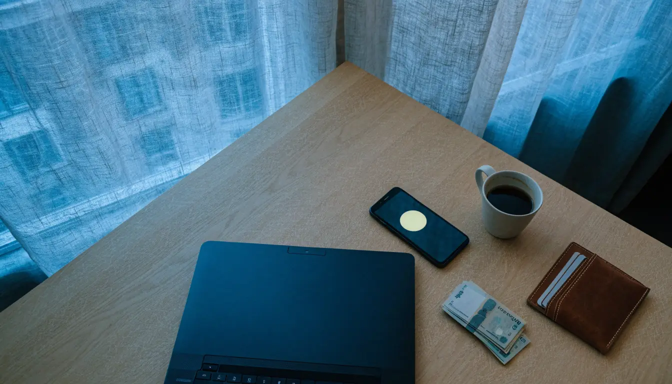Stängt laptop och telefon med betalapp på ett skandinaviskt skrivbord med kronorsedlar.