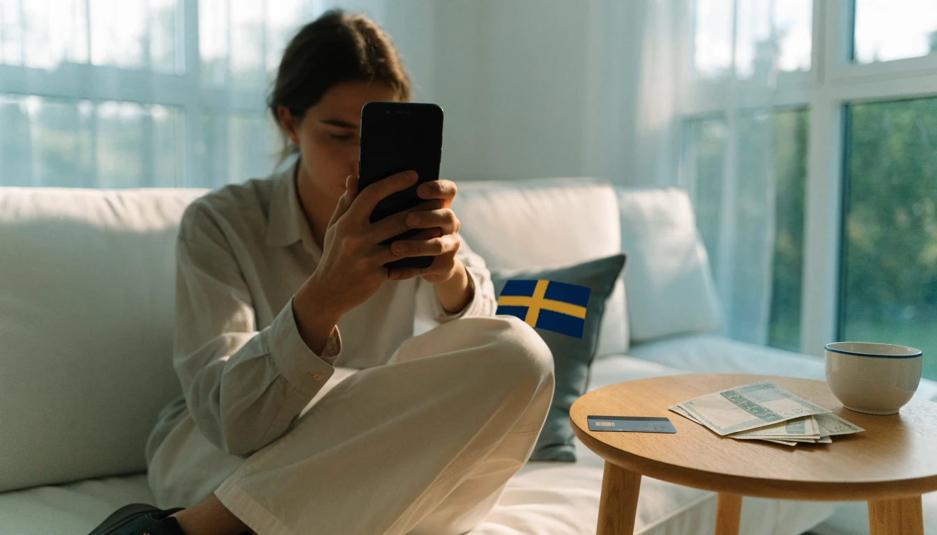 Person med smartphone i modern svensk lägenhet, kronorsedlar och kort på bordet