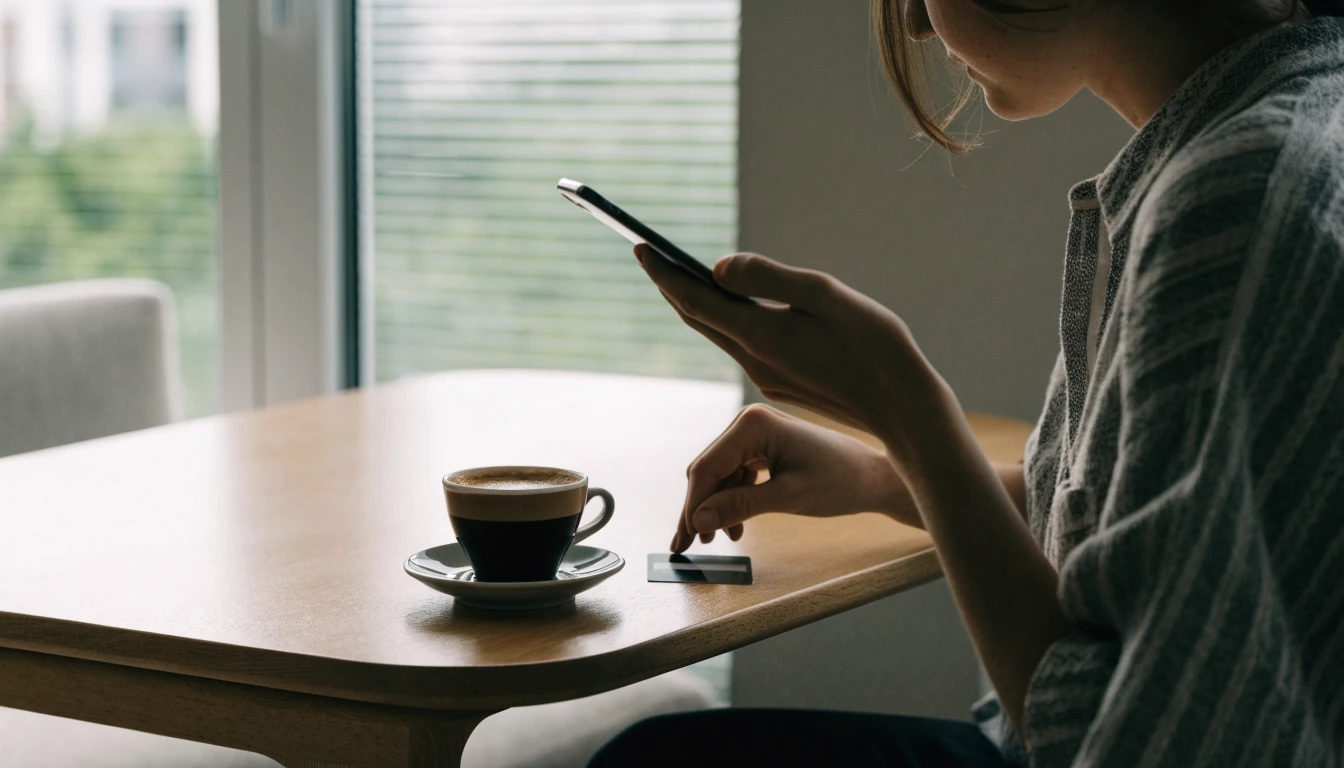 Person vid träbord med mobiltelefon och betalkort i dagsljus