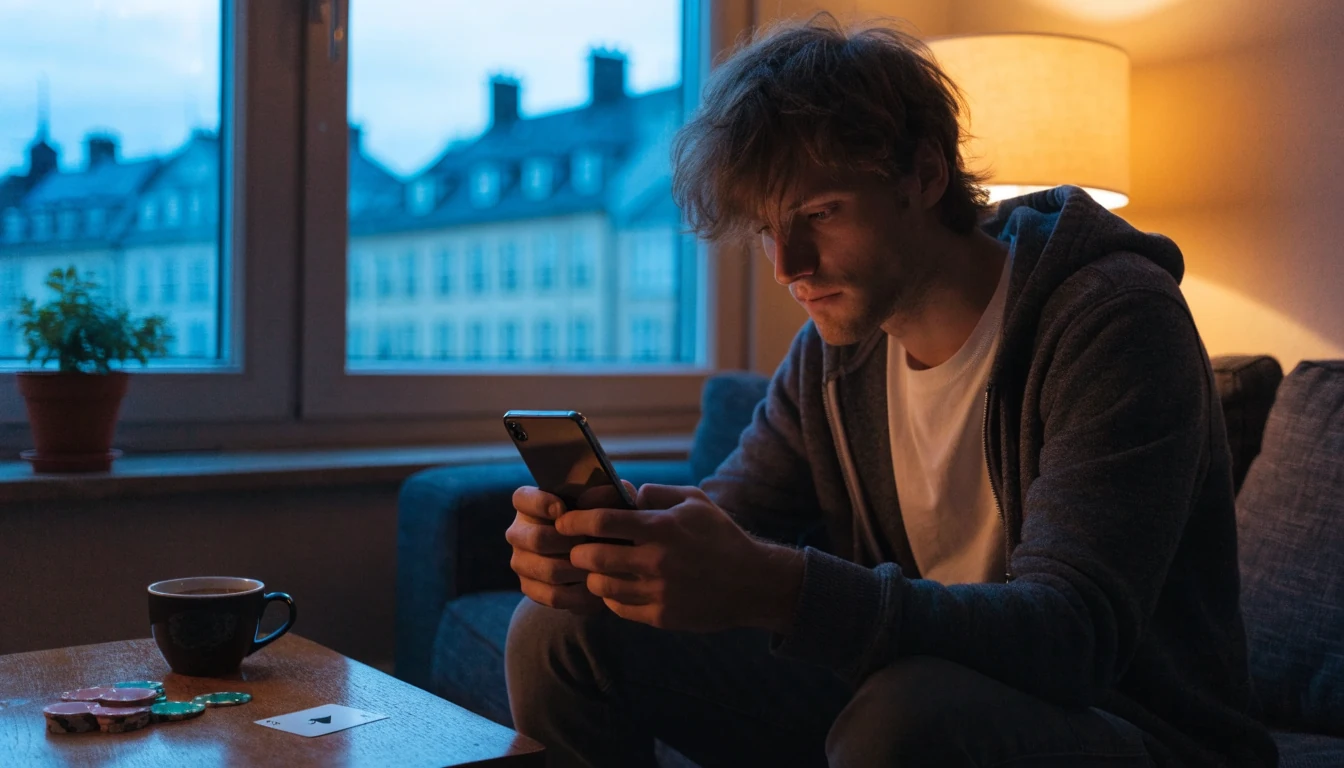 Man med stängd telefon i mysig svensk lägenhet med casinotema