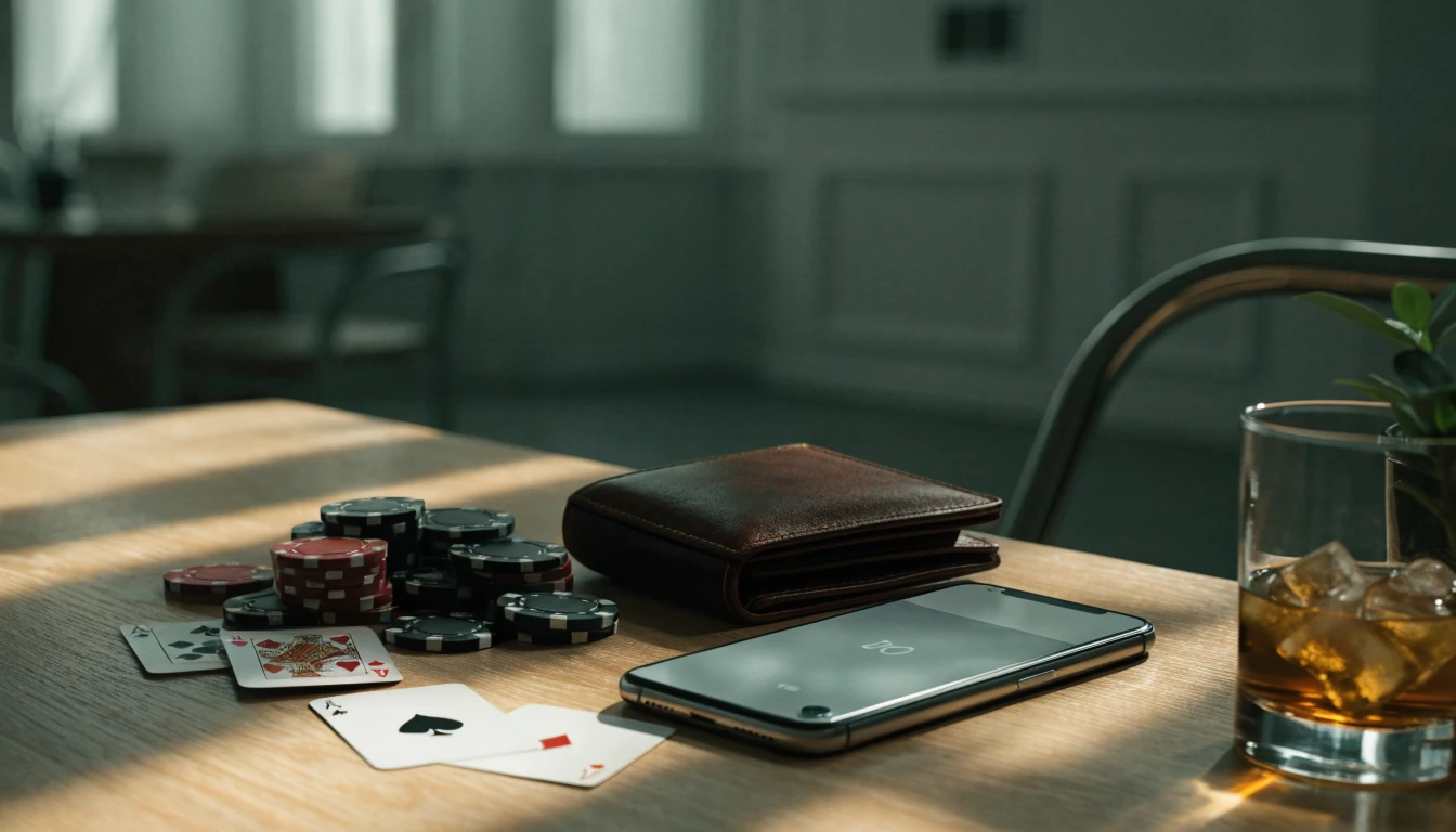 Casinochips, spelkort och plånbok på ett skrivbord bredvid en telefon