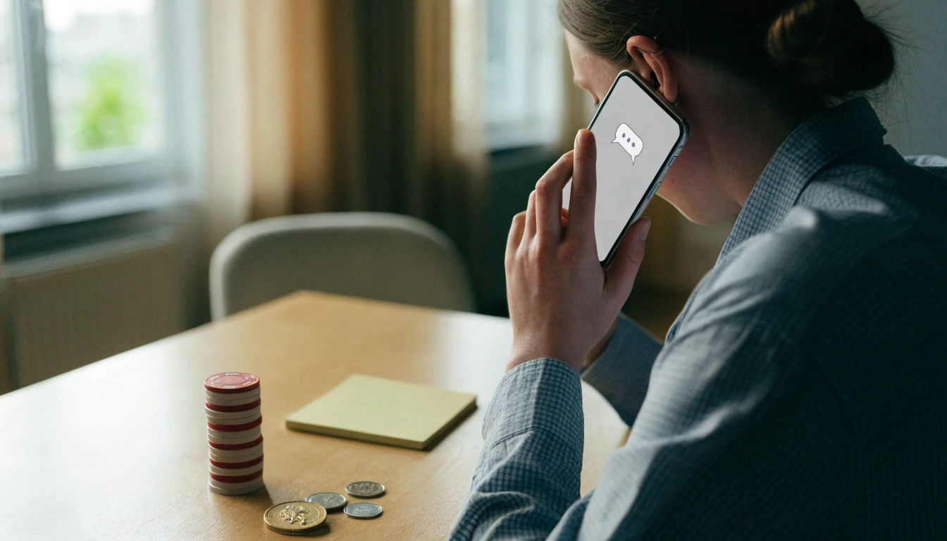 Person med mobiltelefon vid minimalistiskt bord med spelmarker och svenska kronor