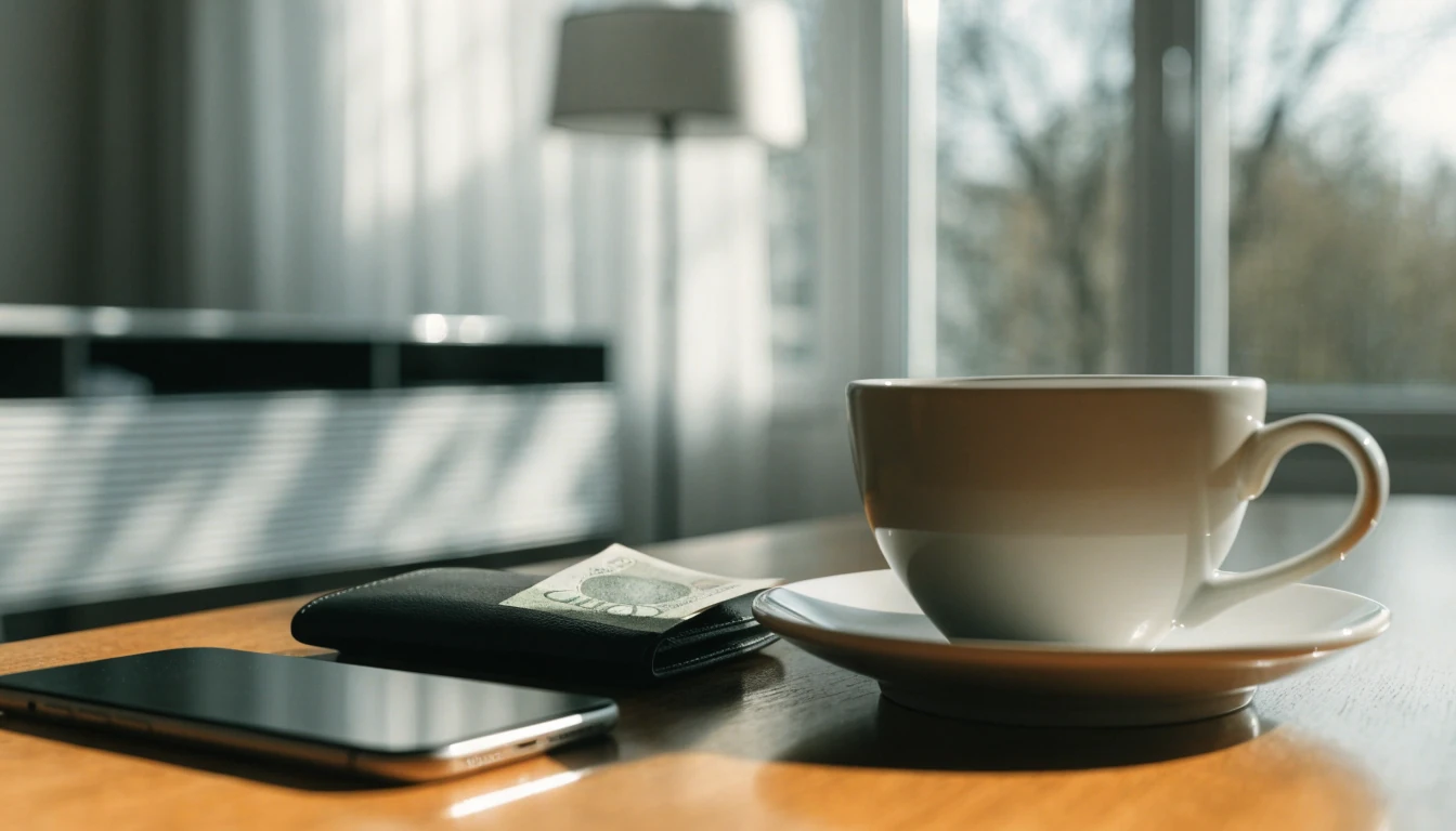 Mobil plånbok och kaffekopp på ett nordiskt bord, Zimpler-betald symbolik