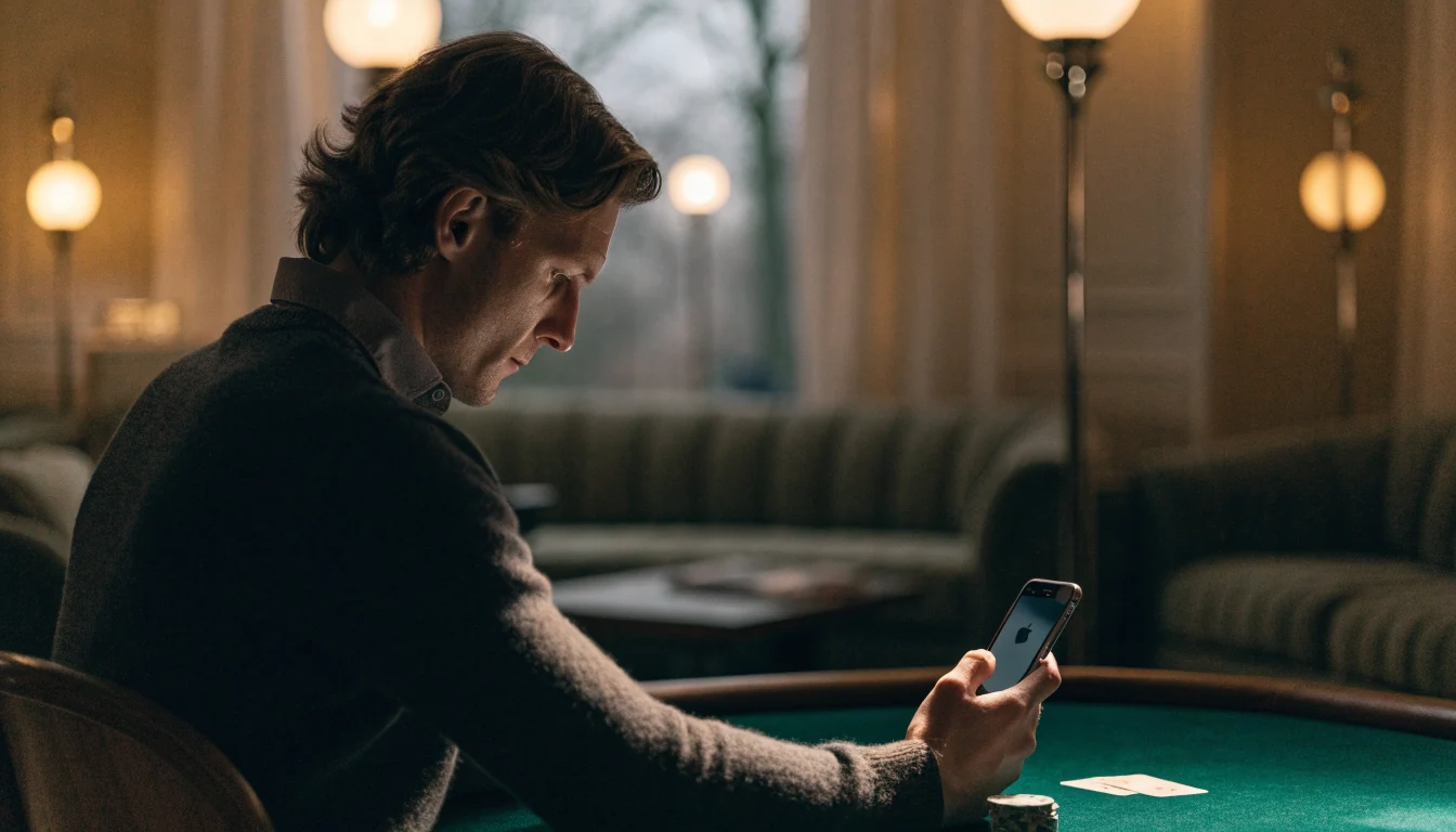 Svensk man håller en iPhone vid ett casinobord med marker och kort i Stockholm