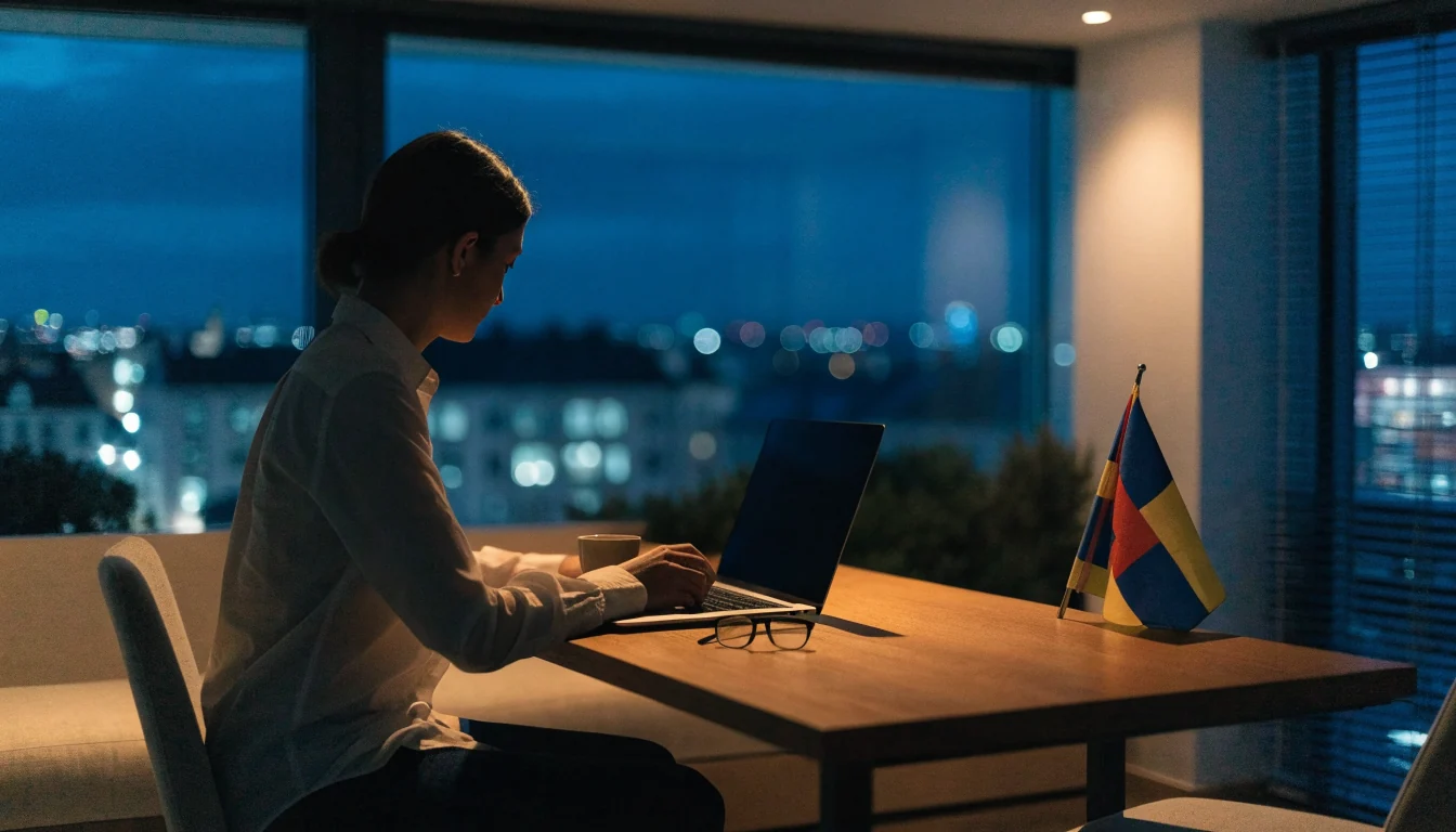 Modern svensk hemmakontor med laptop och svensk flagga i kvällsljus