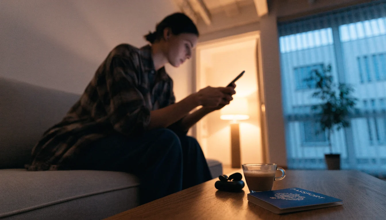 Person i modern svensk lägenhet med mobiltelefon, BankID och kaffe