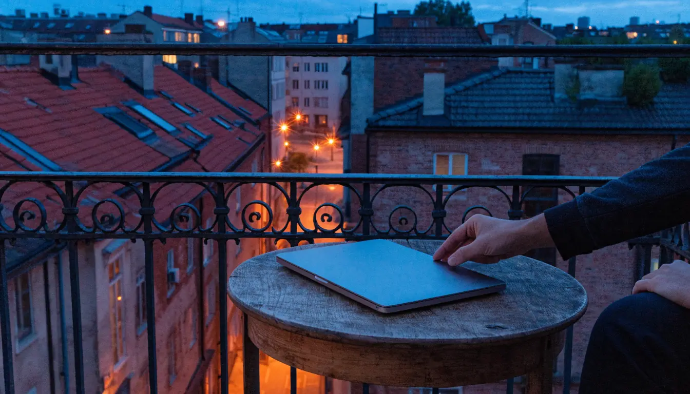 Stängd laptop på balkong med Stockholms tak i skymning