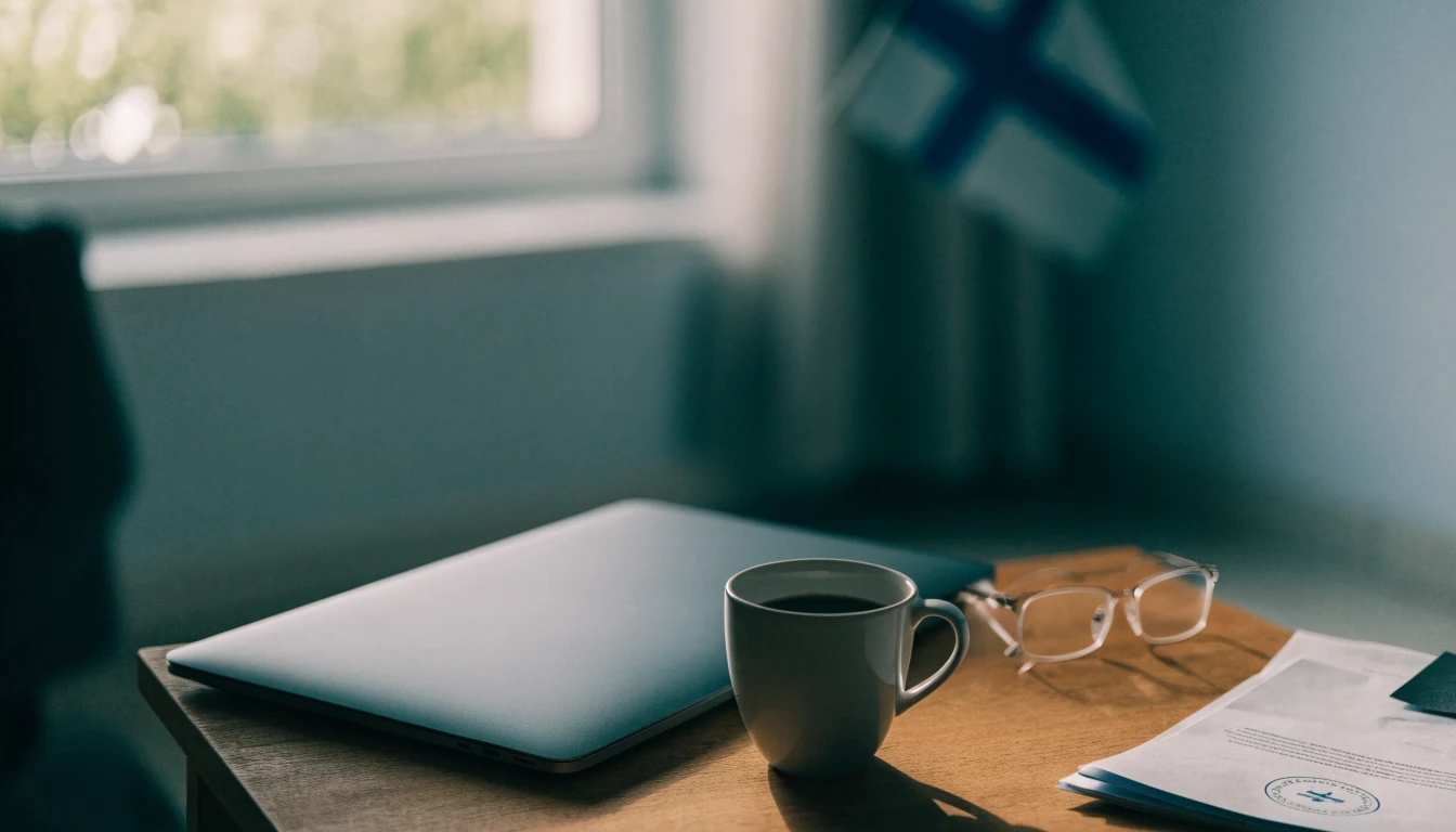 Stängd laptop med licensdokument och kaffekopp i svensk hemmiljö