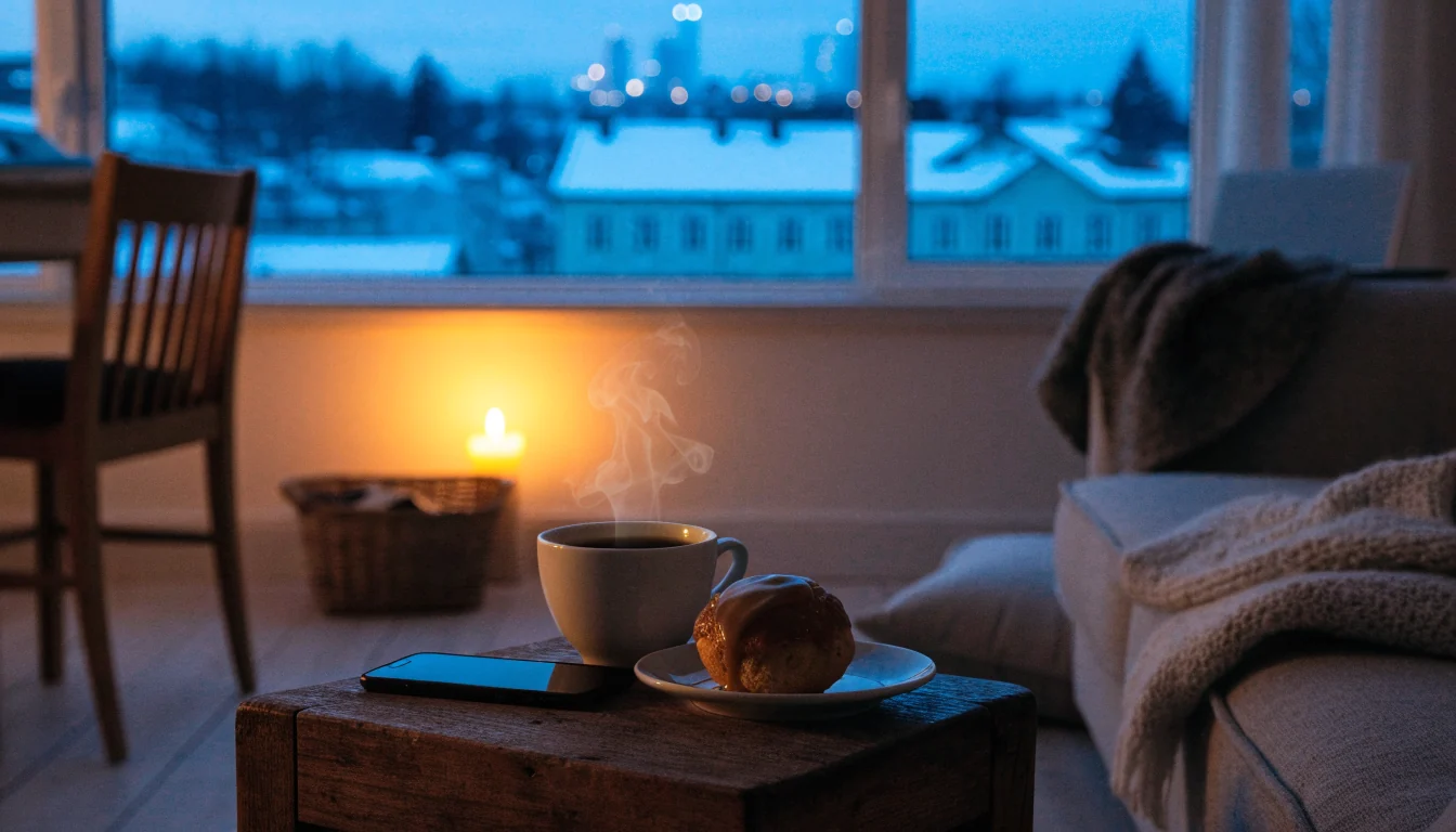 Smartphone vänd nedåt på ett träbord med kaffe och kanelbulle i ett svenskt vintervardagsrum