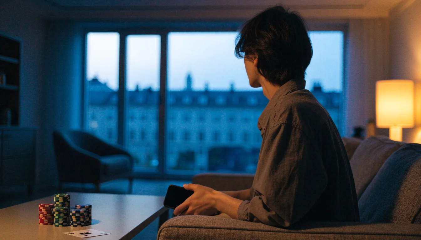 Person i modern svensk lägenhet med stängd mobiltelefon, casinofärger och spelkort på bordet