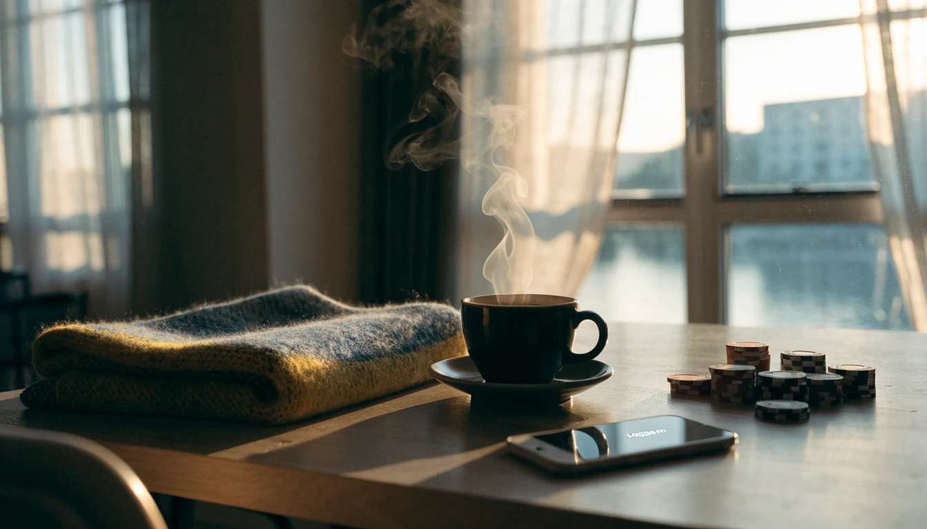 Svensk modern lägenhet med casinomarker, telefon och kaffekopp vid fönster med Stockholmsutsikt