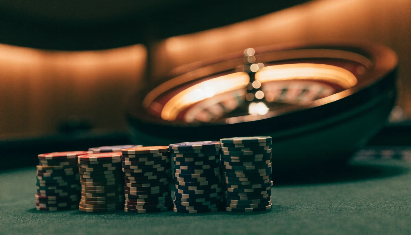 Elegant casinobord med staplade marker och roulette i varm belysning